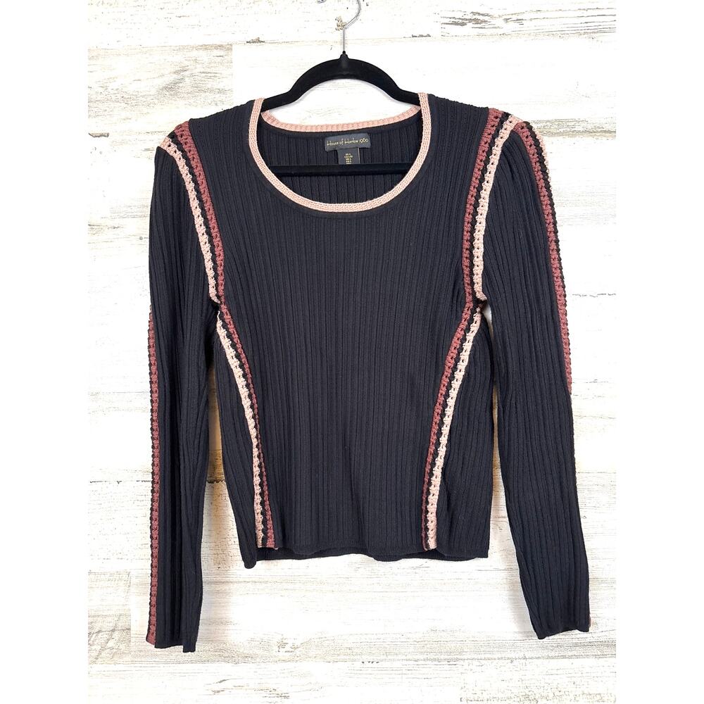 House Of Harlow 1960 Womens L Black Embroidered Fringe Long Sleeve Top